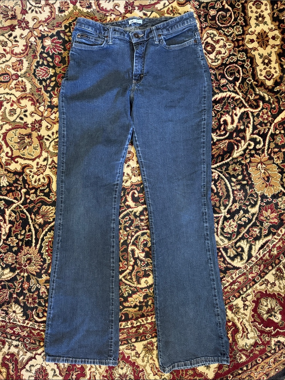 Lee 12 long Women's Blue Jeans flap back pockets slight flare